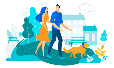 Young Loving Couple Walking with Dog in City Park.