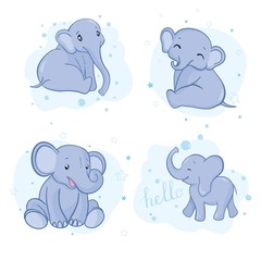 Set of cute cartoon baby elephants. Vector watercolor illustration.