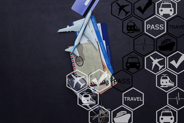 Air ticket and passport for flight plane. Travel concept. Ticket booking.