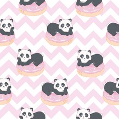 Fototapeta premium Vector Pattern: Seamless panda bear pattern on light pink background, panda with different gestures
