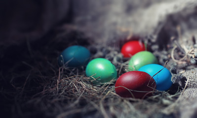 Easter painted eggs on burlap