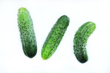 Three cucumbers without shadows on a white background.