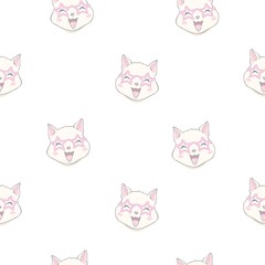 Cats seamless vector pattern with hearts. Cute hand drawn kitten faces. Valentines day.