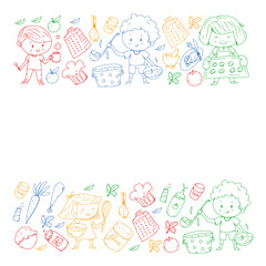 Healthy food and cooking. Fruits, vegetables, household. Doodle vector set.