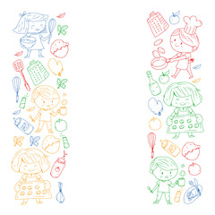 Healthy food and cooking. Fruits, vegetables, household. Doodle vector set.