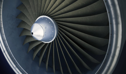 Jet engine turbine close-up background. 3d rendering