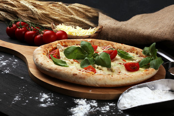 vegetarian italian Pizza with tomatoes, mozzarella cheese  and basil. Delicious italian pizza