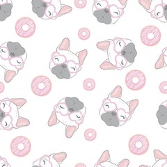 cute dog seamless pattern. Watercolor puppy illustration. Fashion print. Yummy sweet dessert background.