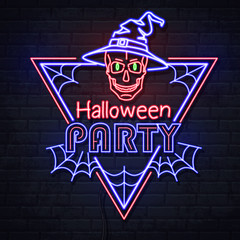 Neon sign halloween party with skull and spider web. Vintage electric signboard.