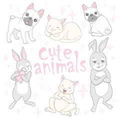 Cartoon cute animals for baby card and invitation. Vector illustration. Lion, dog, bunny, bear, panda, tiger, cat, fox.