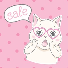 Cartoon cat character and a sale text vector illustration
