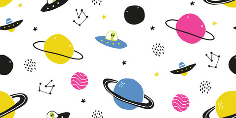 Childish seamless pattern - hand drawn cosmos ufo © tanya