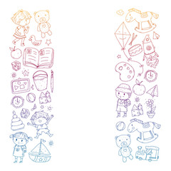 Kindergarten with toys. Pattern for children. Little preschool kids education. Drawing, learning, play