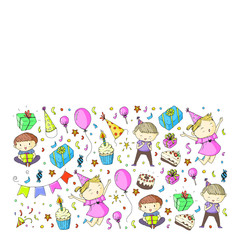 Happy boys and girls. Little kindergarten preschool children. Birthday party celebration. Icons for banners, posters, invitation.