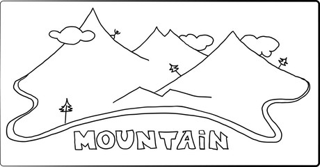 Hand drawn mountains vector. A black-white image of the mountains with pine trees and man
