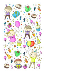 Happy boys and girls. Little kindergarten preschool children. Birthday party celebration. Icons for banners, posters, invitation.