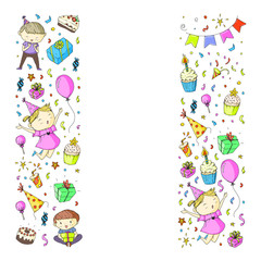 Happy boys and girls. Little kindergarten preschool children. Birthday party celebration. Icons for banners, posters, invitation.
