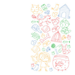 Pet shop. Vector illustration with animals, dog, cat, fish, Colorful background with kitten, bird, puppy. Veterinarian clinic.