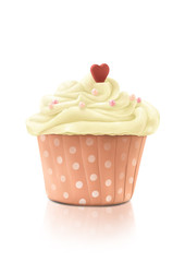 The Digital Painting of Lovely Pink Cupcake (Small Cake) with Heart symbol isolated on white background in Realism Art Style.