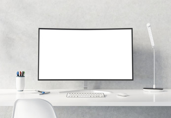 Fototapeta premium Curved monitor on white desktop concrete interior mockup 3D rendering
