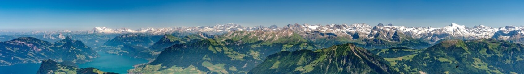 Fototapeta na wymiar Panorama view on lake Lucerne, Rigi Kulm, Burgenstock and Alps from Pilatus mountain
