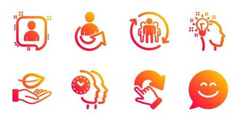 Leaf, Developers chat and Time management line icons set. Share, Teamwork and Idea signs. Rotation gesture, Smile chat symbols. Plant care, Manager talk. People set. Gradient leaf icons set. Vector
