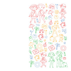 Vector pattern with travel and beach icons. Parents with little kids. Children summer vacation.