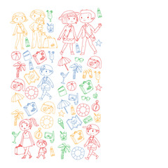 Vector pattern with travel and beach icons. Parents with little kids. Children summer vacation.