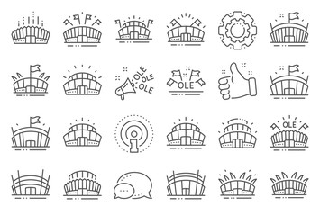 Sports stadium line icons. Ole chant, arena football, championship architecture. Arena stadium, sports competition, event flag icons. Sport complex, megaphone or loudspeaker. Line signs set. Vector © blankstock