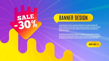 Sale 30 percent off badge. Discount banner shape. Coupon arrow icon. Abstract background design. Banner with offer badge. Vector