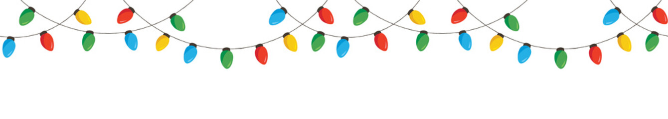 Vector Colorful Retro Holiday Christmas New Year Hanging String Lights Isolated Horizontal Seamles Border Background