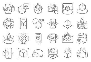 Augmented reality line icons. VR simulation, Panorama view, 360 degree. Virtual reality gaming, augmented, full rotation arrows icons. 360 vr tour, virtual simulation device. Line signs set. Vector