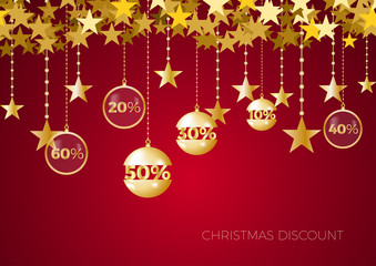 Fototapeta na wymiar Christmas holiday sale on red background with star. Limited time only. Template for a banner, shopping, discount. Vector illustration for your design