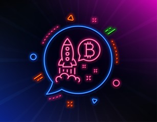 Bitcoin line icon. Neon laser lights. Cryptocurrency startup sign. Crypto rocket symbol. Glow laser speech bubble. Neon lights chat bubble. Banner badge with bitcoin project icon. Vector
