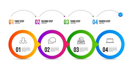 Typewriter, Messenger and Download line icons set. Timeline infographic. Laptop sign. Instruction, Speech bubble, Load file. Mobile computer. Typewriter icon. Timeline diagram. Vector