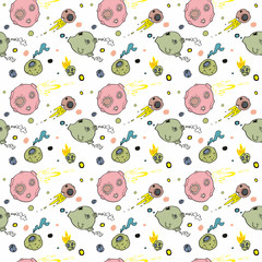 Meteor shower, asteroids and planets. Cartoon and doodle style. Seamless pattern