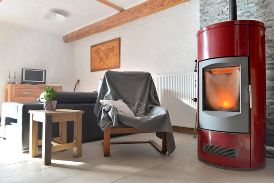 red stove pellet in a living room