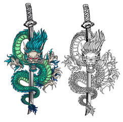 Tattoo art dargon hand drawing black and white  and sketch colors