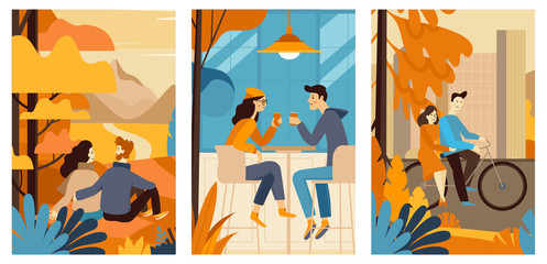 Autumn greeting cards - vector illustration in simple style with characters