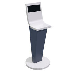 LCD Screen Stand. Trade Show Booth. 3d render of tv info kiosk isolated on white background. High Resolution. Ad template for your expo design.
