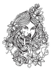 Tattoo art women and flower hand drawing