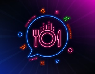 Food line icon. Neon laser lights. Cutlery sign. Fork, knife symbol. Glow laser speech bubble. Neon lights chat bubble. Banner badge with food icon. Vector