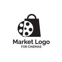 Movie market shop logo design with shopping bag and reel film illustration