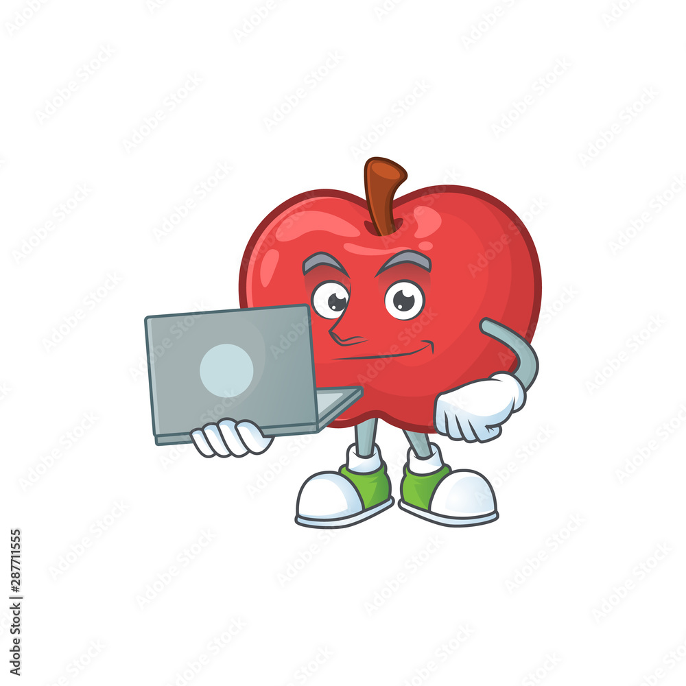 Wall mural with laptop red apple cartoon mascot, character cute