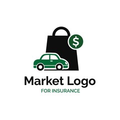 Insurance market logo design with shopping bag, green car and money illustration