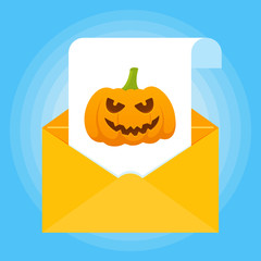 Paper sheet with halloween pumpkin with scary face on it and envelope icon sign flat style design isolated on light blue background vector illustration