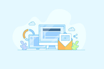 Modern flat line design concept of marketing strategy for online business store, digital media advertising, seo, social media, email and video strategy development, web banner.