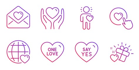Friend, Like button and One love line icons set. Say yes, International love and Hold heart signs. Sweet heart, Wedding. Love set. Gradient friend icon. Vector