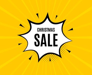 Christmas Sale. Chat speech bubble. Special offer price sign. Advertising Discounts symbol. Yellow vector banner with bubble. Christmas sale text. Chat badge. Colorful background. Vector