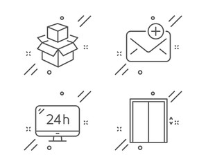 24h service, Packing boxes and New mail line icons set. Lift sign. Call support, Delivery package, Add e-mail. Elevator. Technology set. Line 24h service outline icon. Vector